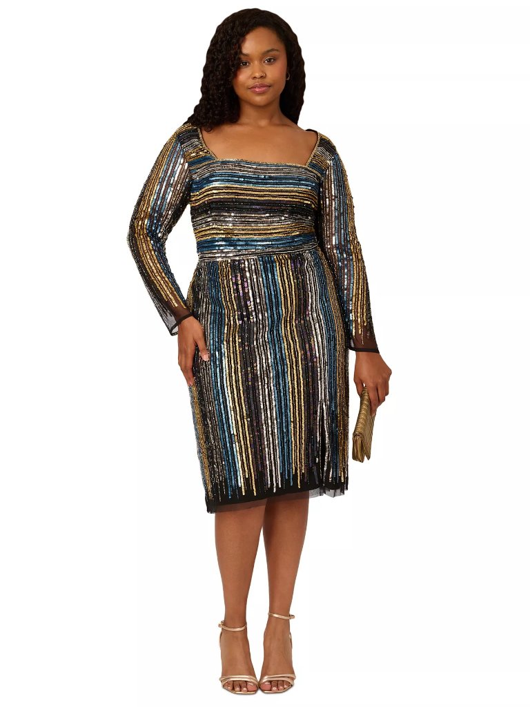 Adrianna Papell Sequined Cutout-Back Dress Black Blue Multi Plus Size 22w